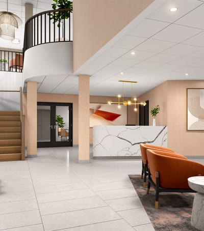 Bright and modern lobby area with seating