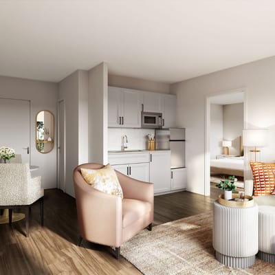 A cozy interior of a resident's room with stylish furniture