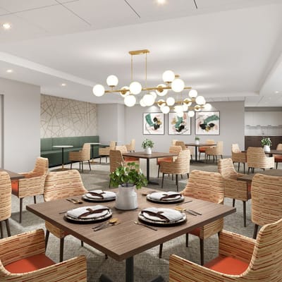 Bright dining room with modern decor and seating