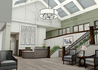 Interior lobby area with seating and reception desk