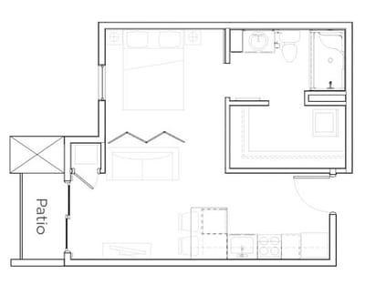 Architectural floor plan of a living unit with patio