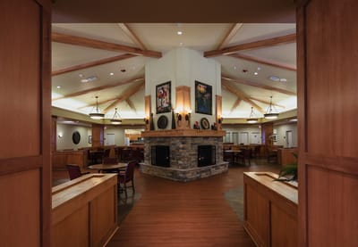 Interior view of a common area with wooden accents