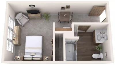 An interior layout of a private resident room.