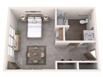 Floor plan of a spacious resident room with a bathroom