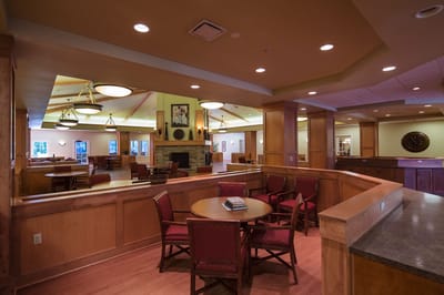 Interior common area with wooden accents and seating