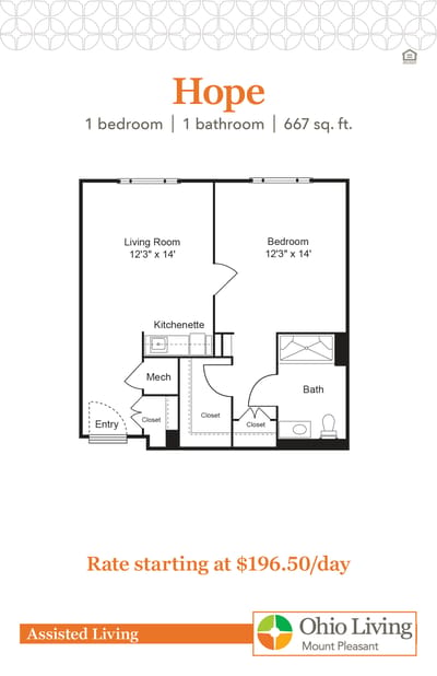 Floor plan of a one-bedroom assisted living unit