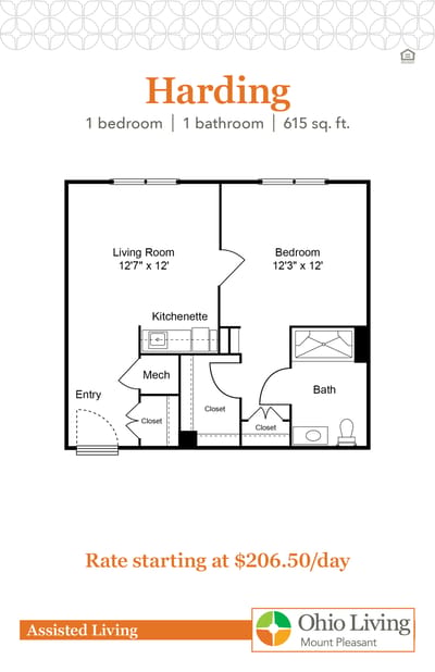 Architectural floor plan for a one-bedroom suite