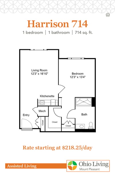 Floor plan of a one-bedroom assisted living unit