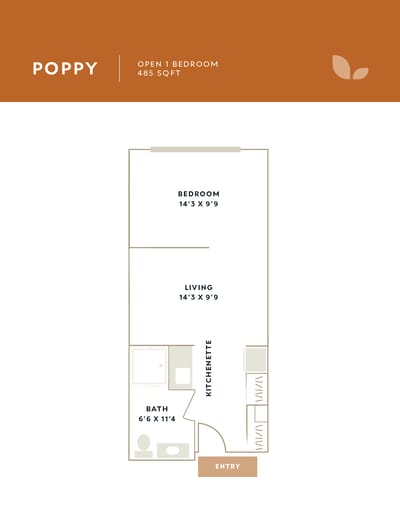 Architectural floor plan of a one-bedroom unit