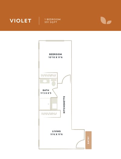 Architectural floor plan for a one-bedroom unit