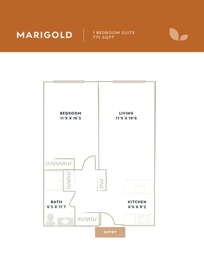 Architectural floor plan of a one-bedroom suite