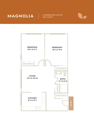 Architectural floor plan of a 2-bedroom suite