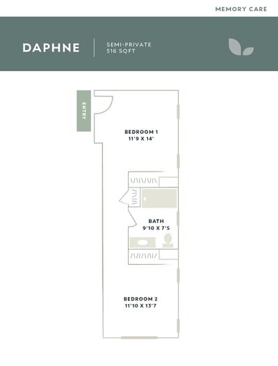 Architectural floor plan for a semi-private memory care room