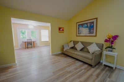 Bright living room with a sofa and table