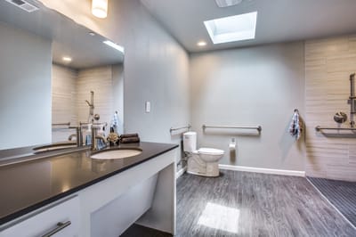 Brightly lit bathroom with modern fixtures