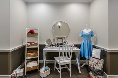 Decorative interior setup with a blue dress and accessories