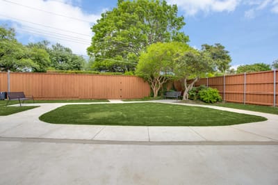 Outdoor garden area with seating and greenery