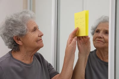 Elderly woman placing a note on a mirror.