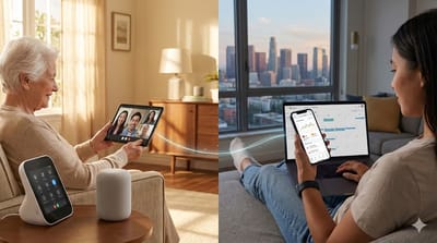 Residents engaging with technology in a living area.