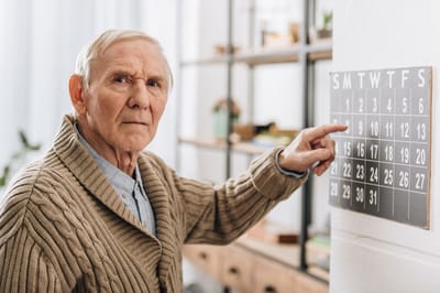 Senior man interacting with a calendar on the wall.