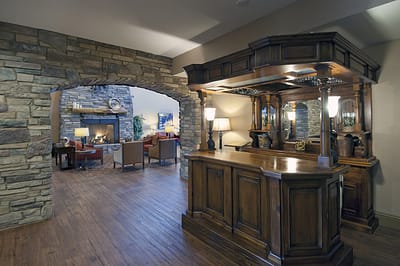 Interior view of a cozy lobby with stone accents