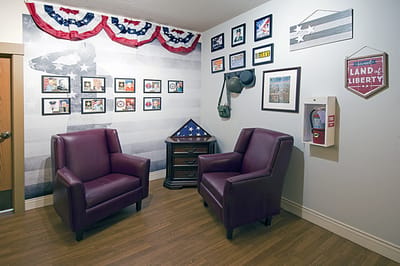 Interior lounge area with patriotic decor