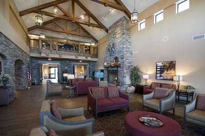 Interior view of a spacious common area with seating