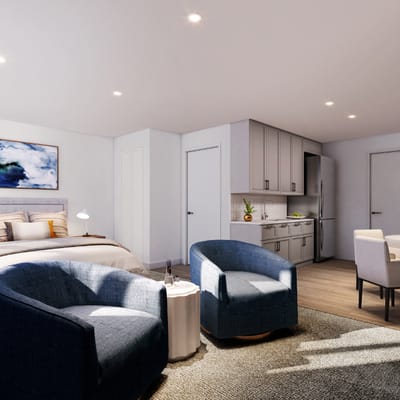 Cozy interior of a resident room with seating area