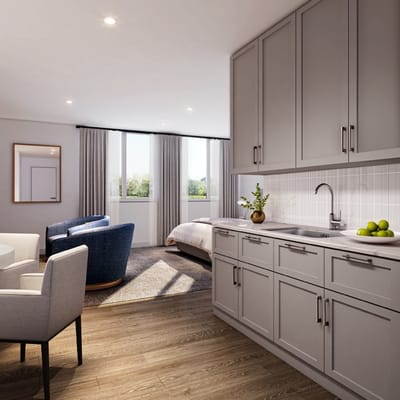 Modern interior of a resident room with kitchenette