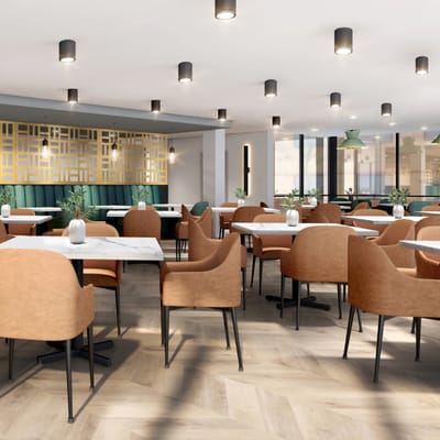 Modern dining room with stylish seating and tables