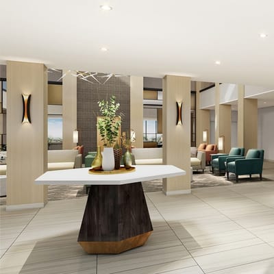 Bright, modern interior of a senior living common area