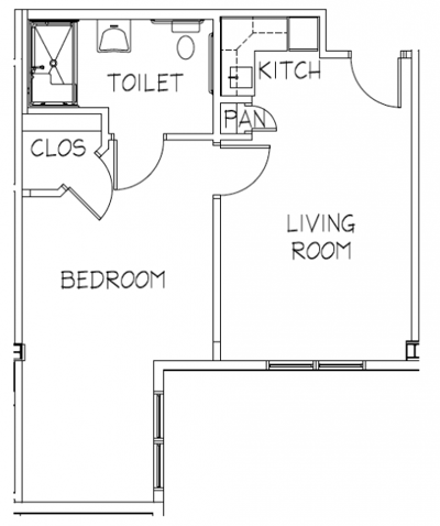 Architectural floor plan of a one-bedroom unit