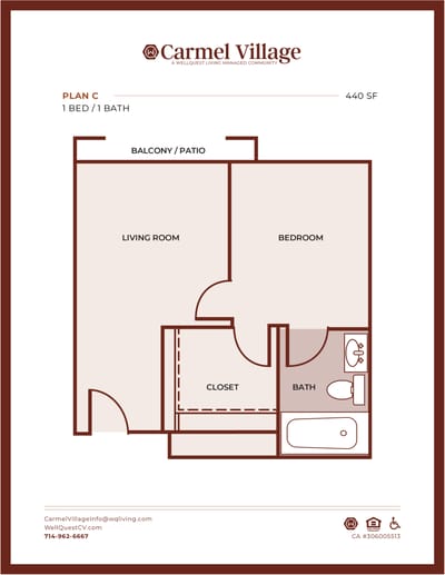 Detailed floor plan of a one-bedroom apartment