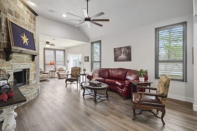 Bright interior common area with seating and plants