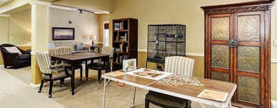 Activity area with tables and seating for residents