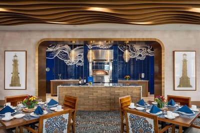 Stylish dining room setup with blue accents