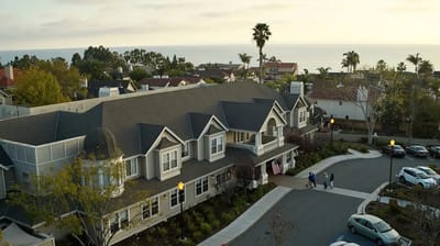 Aerial view of a senior living facility near the coast