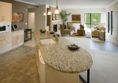 Spacious interior view of a modern kitchen and living area
