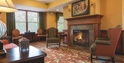Cozy common area with fireplace and seating