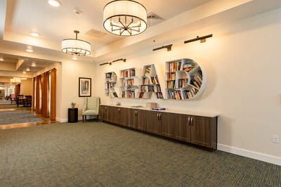 Interior view of a library area with bookshelves