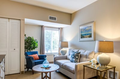 Cozy living area in a resident's suite
