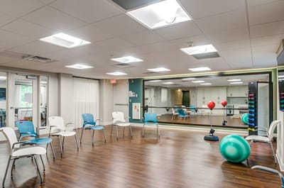 Activity room set up for a fitness class
