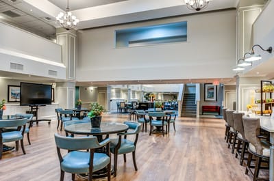 Bright common area with seating and decor