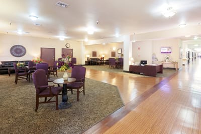 Interior view of a common area with seating