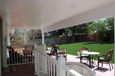 Outdoor seating area with chairs and a table