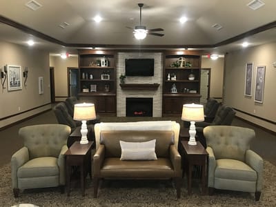 Cozy common area with seating and fireplace