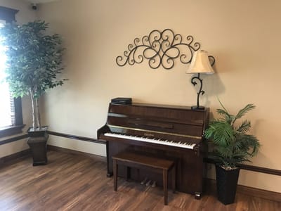 Piano in a cozy common area with plants