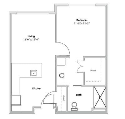 Architectural floor plan of a senior living unit