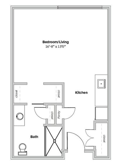 Architectural floor plan of a bedroom and living area