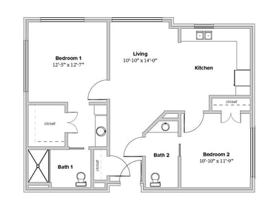 Architectural floor plan of a two-bedroom unit